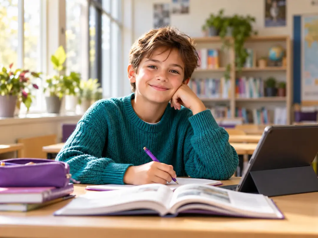 AI-gegenereerde sfeerfoto van een jongen die met een boek en tablet leert